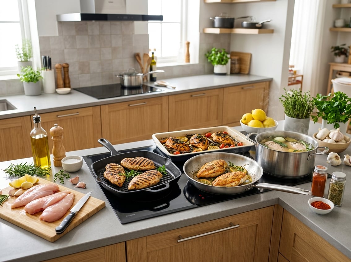 A kitchen countertop displaying chicken breast fillets prepared using grilling, searing, roasting, and poaching methods with fresh ingredients nearby.