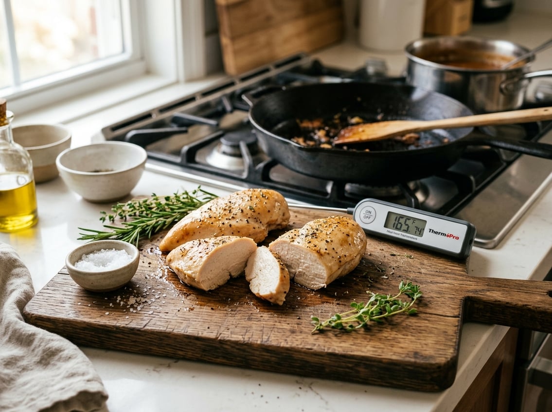 Cooked chicken breast fillets resting on a wooden cutting board with fresh herbs and a kitchen thermometer nearby in a modern kitchen setting.