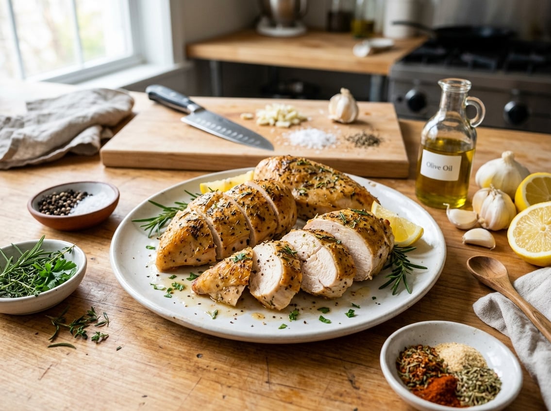 Cooked chicken breast fillets sliced on a plate with bowls of seasoning and fresh herbs on a kitchen counter.