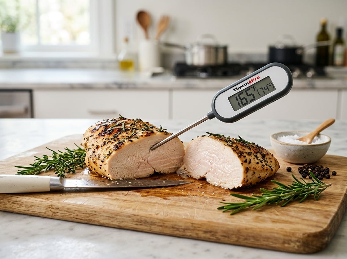 Close-up of a sliced cooked chicken breast with a meat thermometer showing the temperature on a cutting board with herbs nearby.