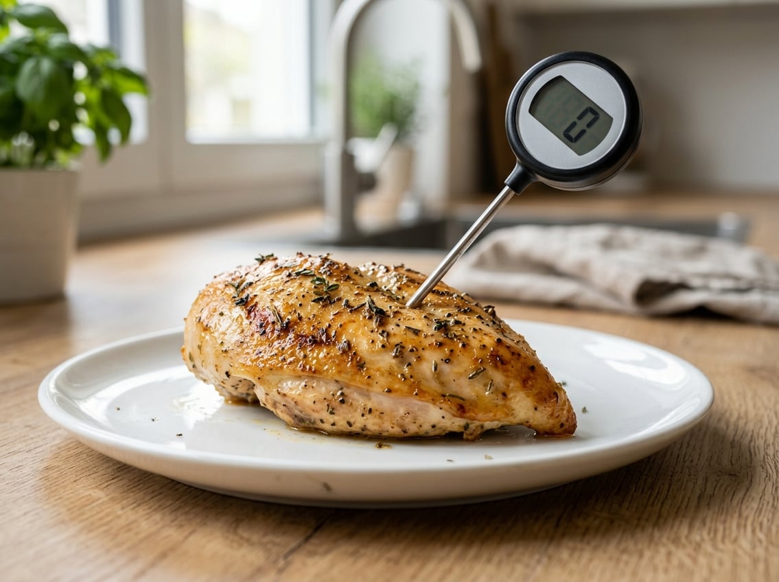 Close-up of a cooked chicken breast on a plate with a digital food thermometer inserted into it in a kitchen setting.
