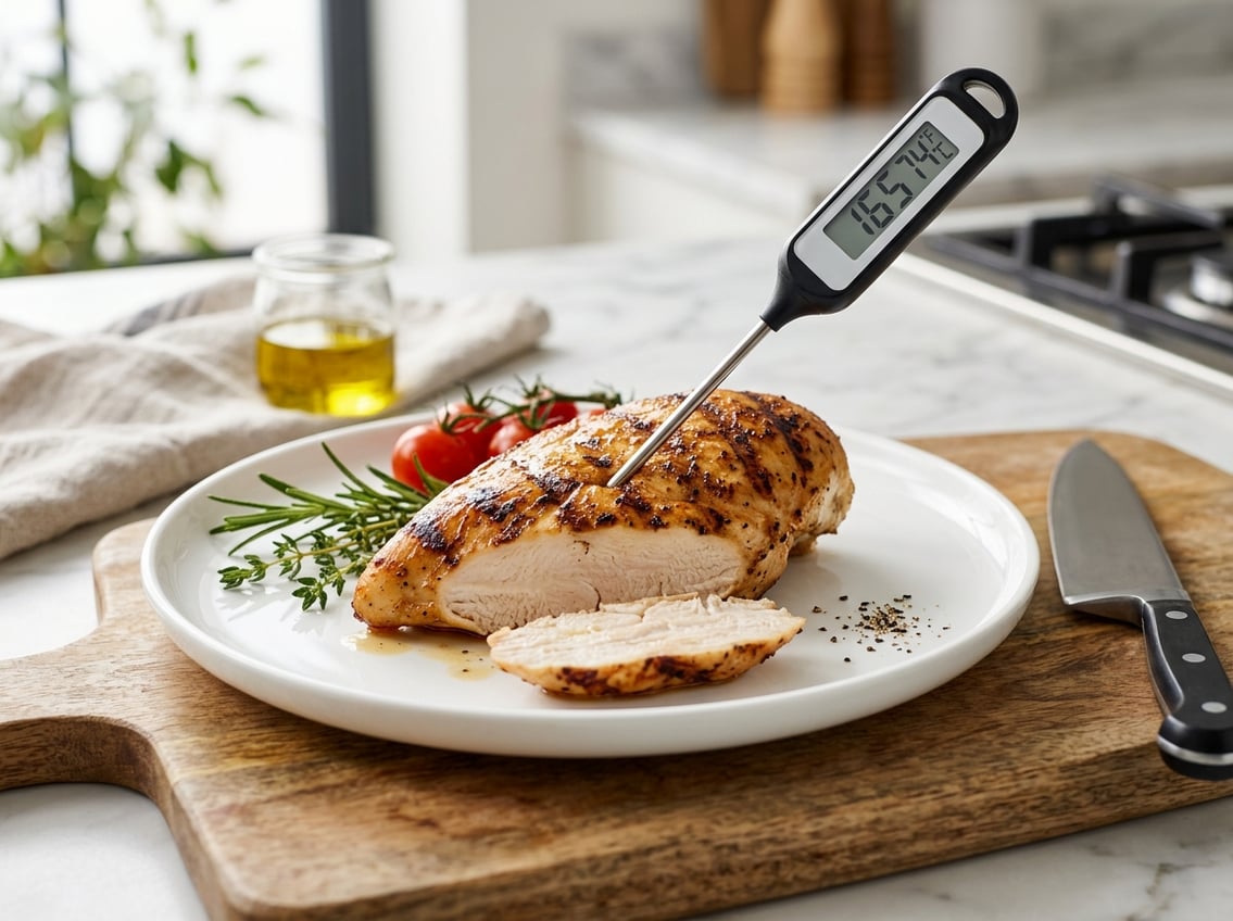 A cooked chicken breast on a white plate with a digital thermometer showing the safe cooking temperature, set in a bright kitchen with fresh herbs nearby.