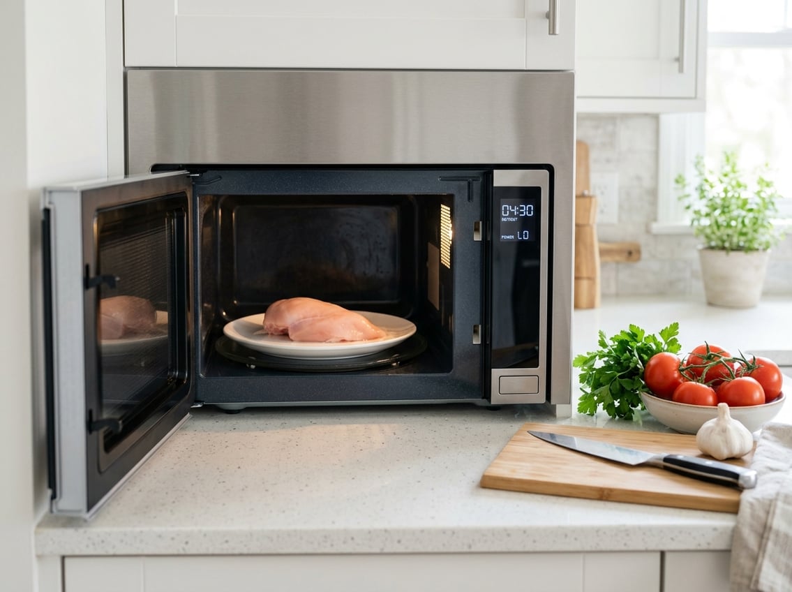 A raw chicken breast on a plate inside an open microwave in a clean kitchen.