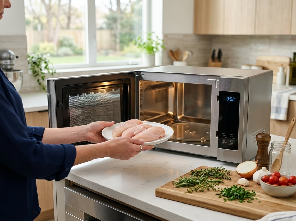 Hands placing a plate with raw chicken breasts into a microwave in a clean kitchen.