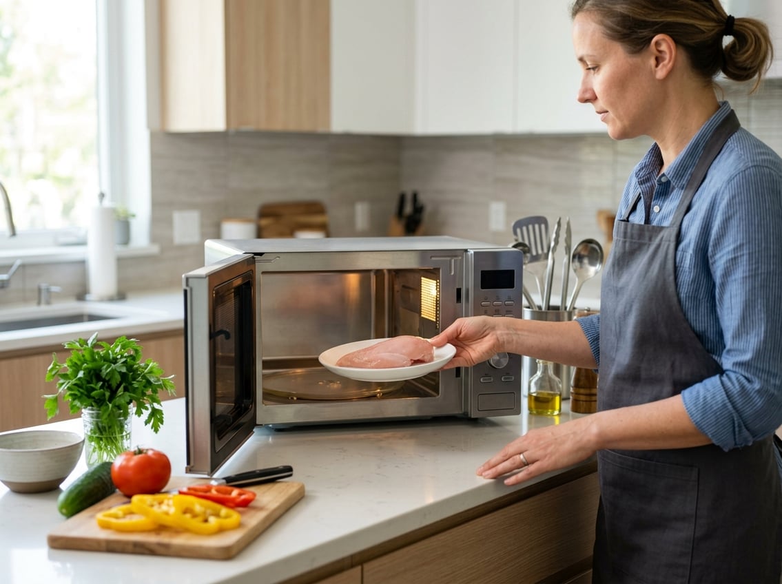 Person placing raw chicken breast on a microwave-safe plate inside an open microwave in a clean kitchen.