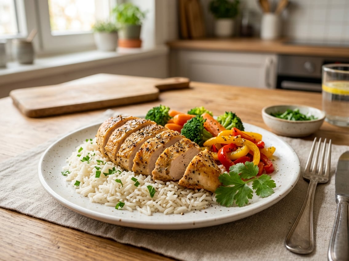 A plate with sliced cooked chicken breast, white rice, and steamed vegetables on a table.