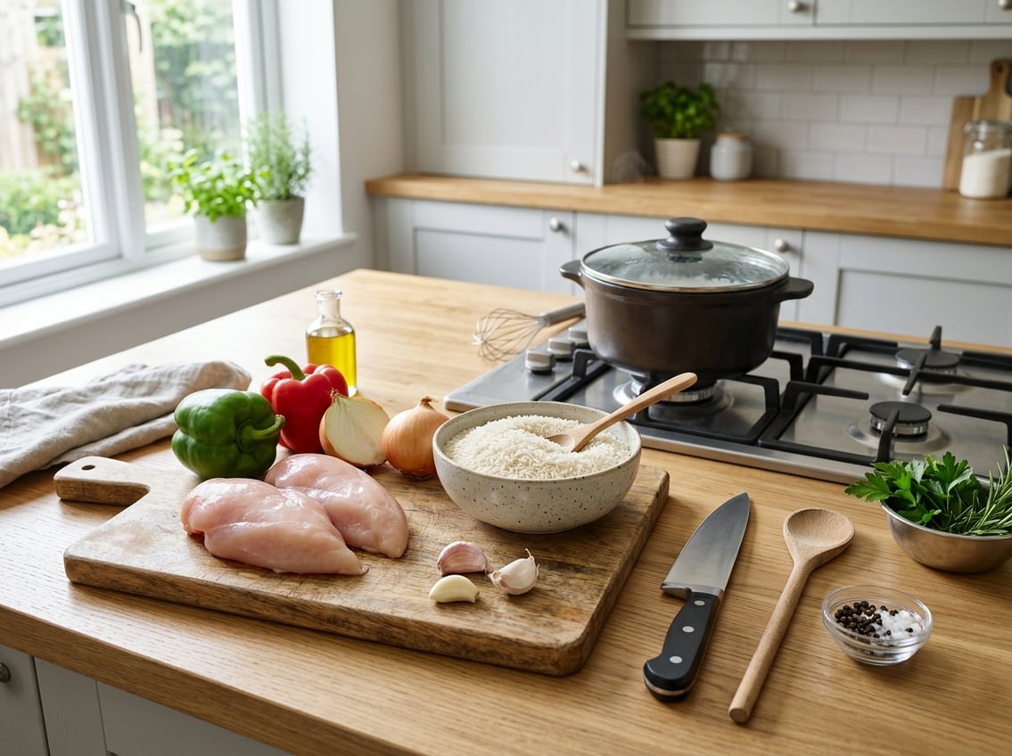 A kitchen countertop with raw chicken breasts, a bowl of uncooked rice, fresh vegetables, and cooking utensils arranged for meal preparation.