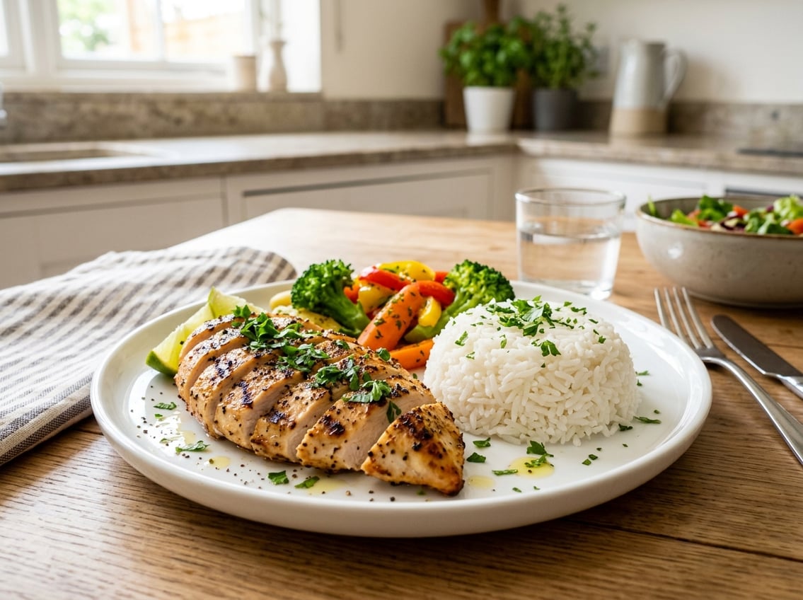 A plate with sliced grilled chicken breast, white rice, and steamed vegetables on a kitchen table.
