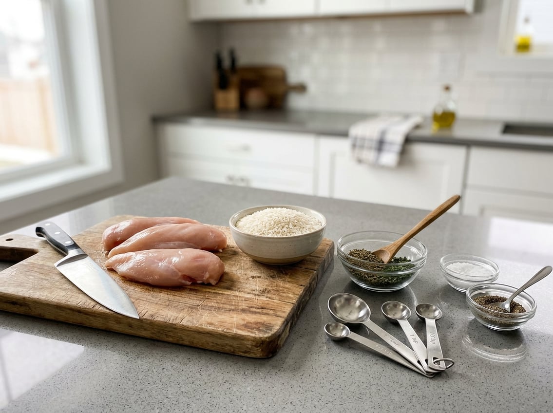 A kitchen countertop with raw chicken breast, white rice, cooking tools, and spices arranged for meal preparation.