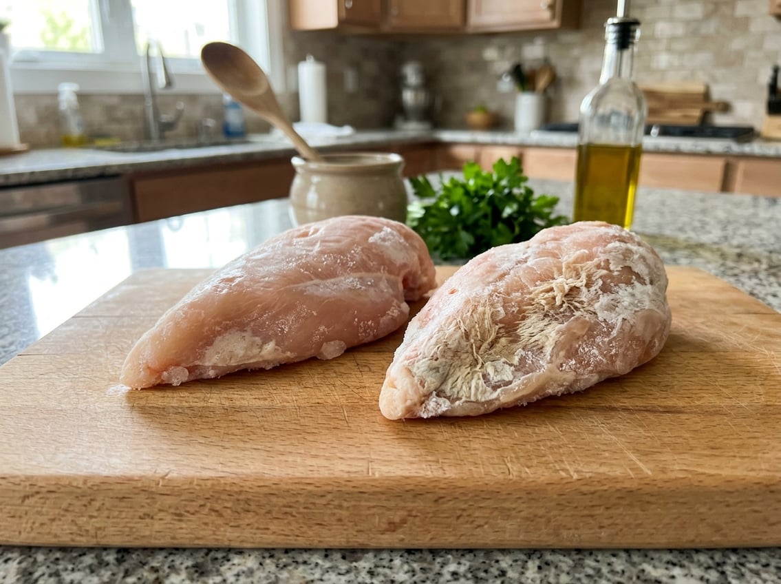 Close-up of raw chicken breasts with freezer burn on a cutting board in a kitchen.