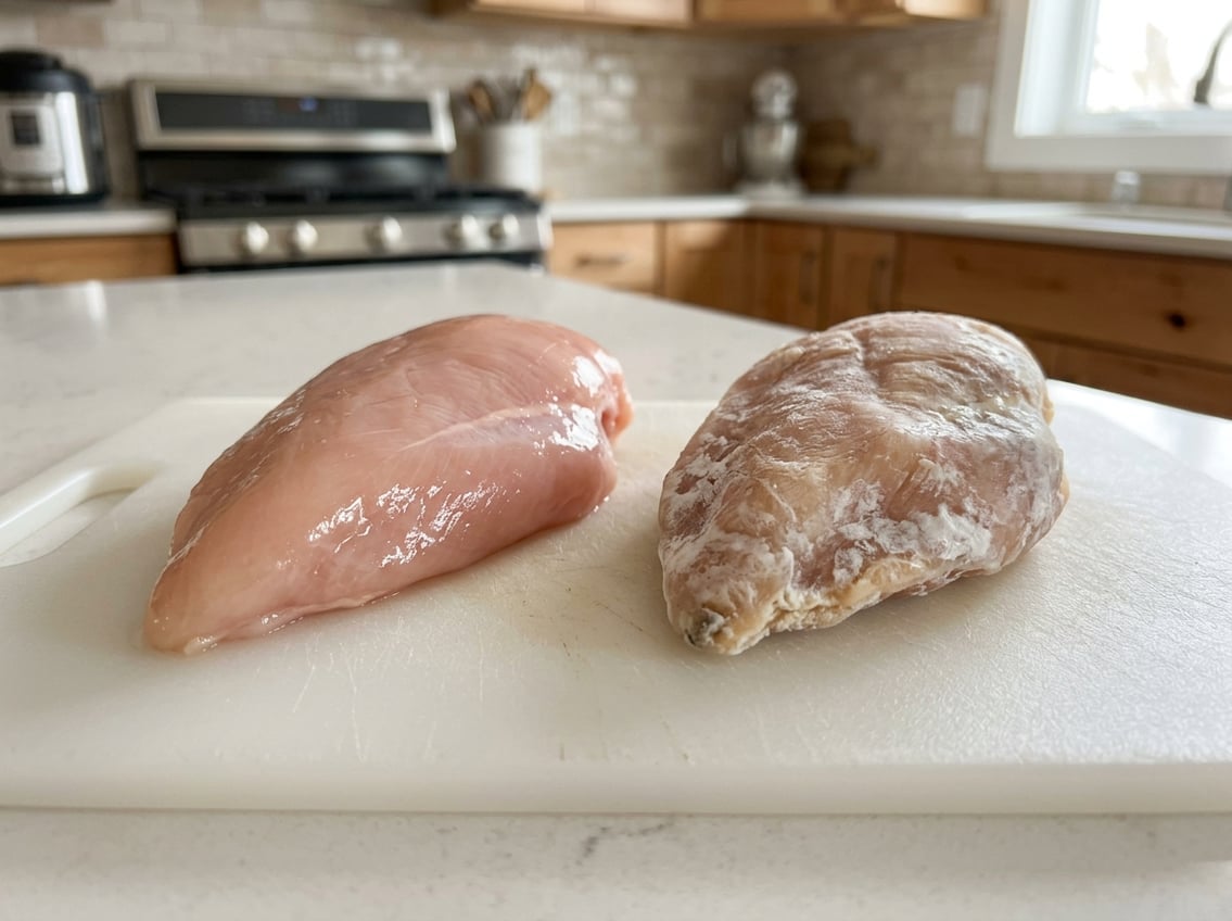 Two raw chicken breasts on a cutting board, one fresh and one with visible freezer burn patches.