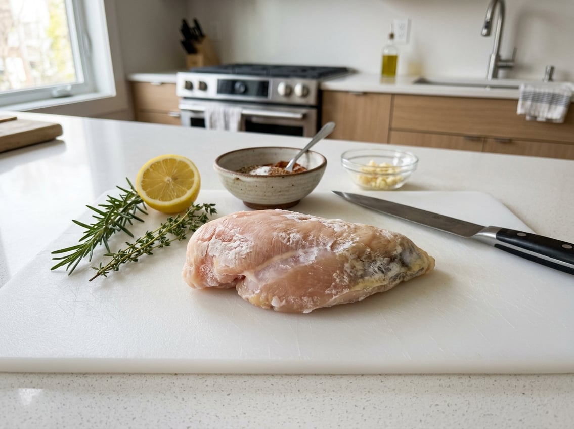 A raw chicken breast with freezer burn on a cutting board in a kitchen surrounded by herbs, lemon, and cooking utensils.