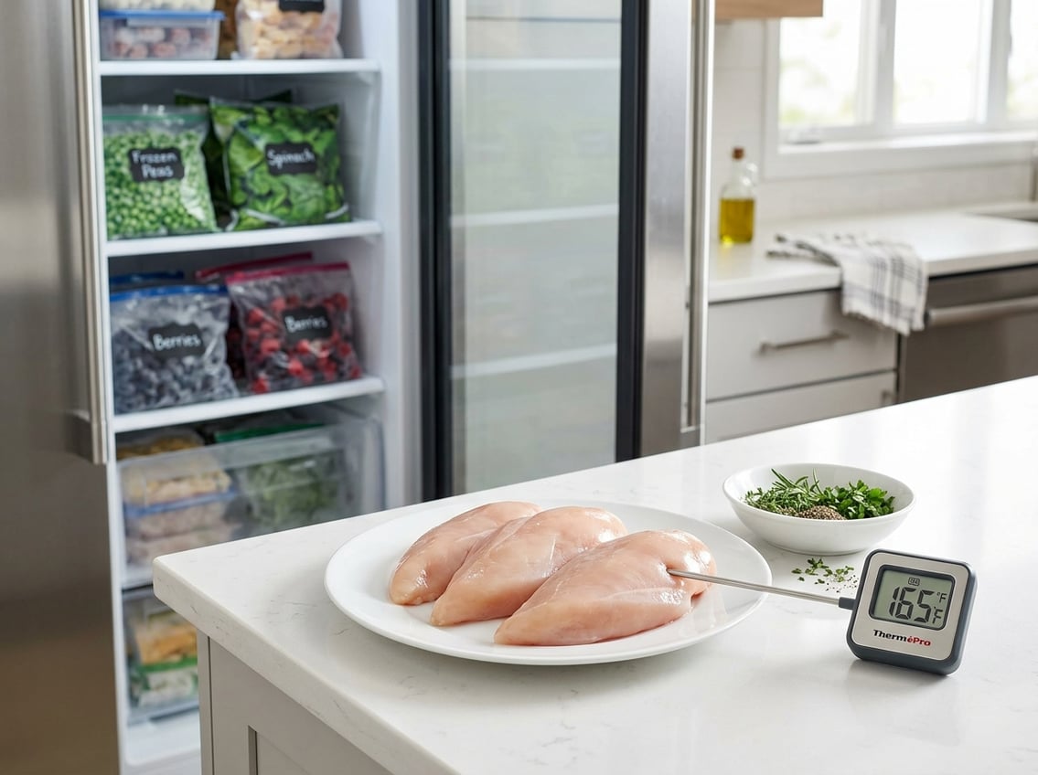 Fresh chicken breasts on a plate with seasoning and a food thermometer on a kitchen countertop, with a modern freezer in the background.