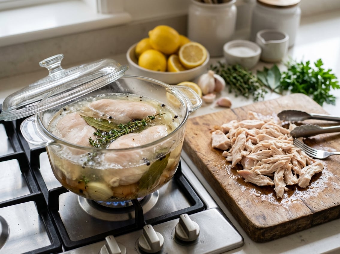 Close-up of chicken breasts gently poaching in a clear broth on a stove with shredded chicken on a cutting board nearby and fresh herbs in the background.