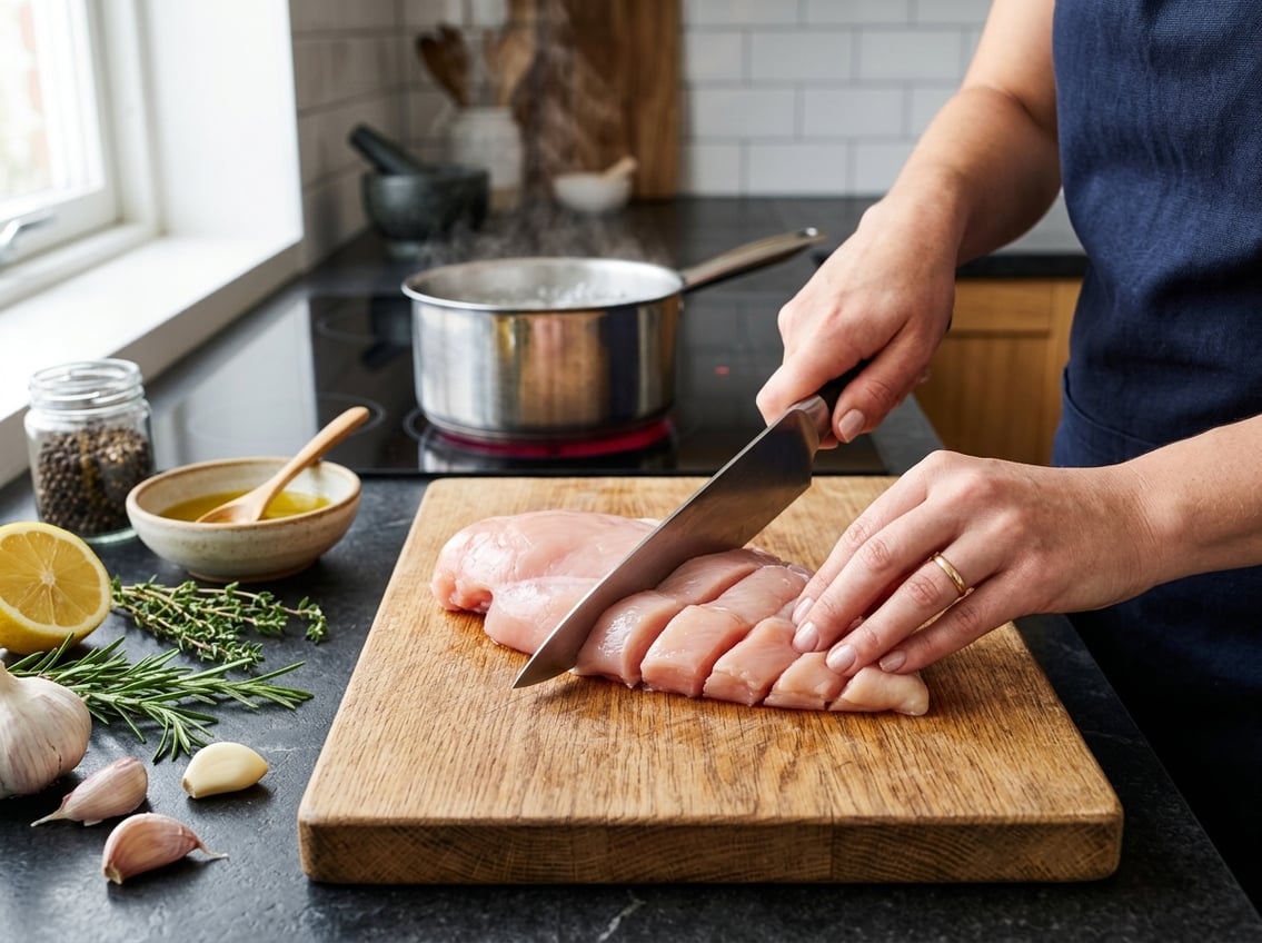 Hands cutting raw chicken breast on a wooden board with fresh herbs and a pot simmering on the stove in the background.