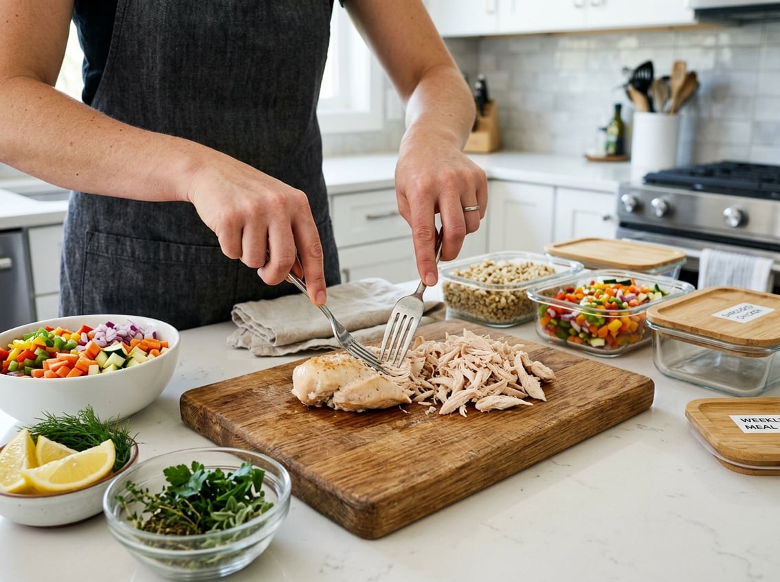 Hands shredding cooked chicken breast on a cutting board with fresh ingredients and storage containers nearby in a kitchen.