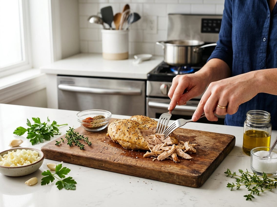 Two forks shredding a cooked chicken breast on a wooden cutting board with fresh herbs and spices nearby in a kitchen setting.