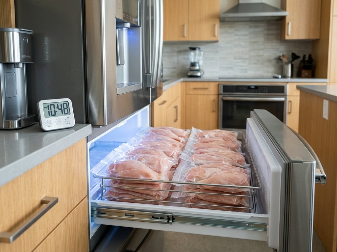 Open freezer drawer filled with neatly packaged raw chicken breasts inside a modern kitchen.