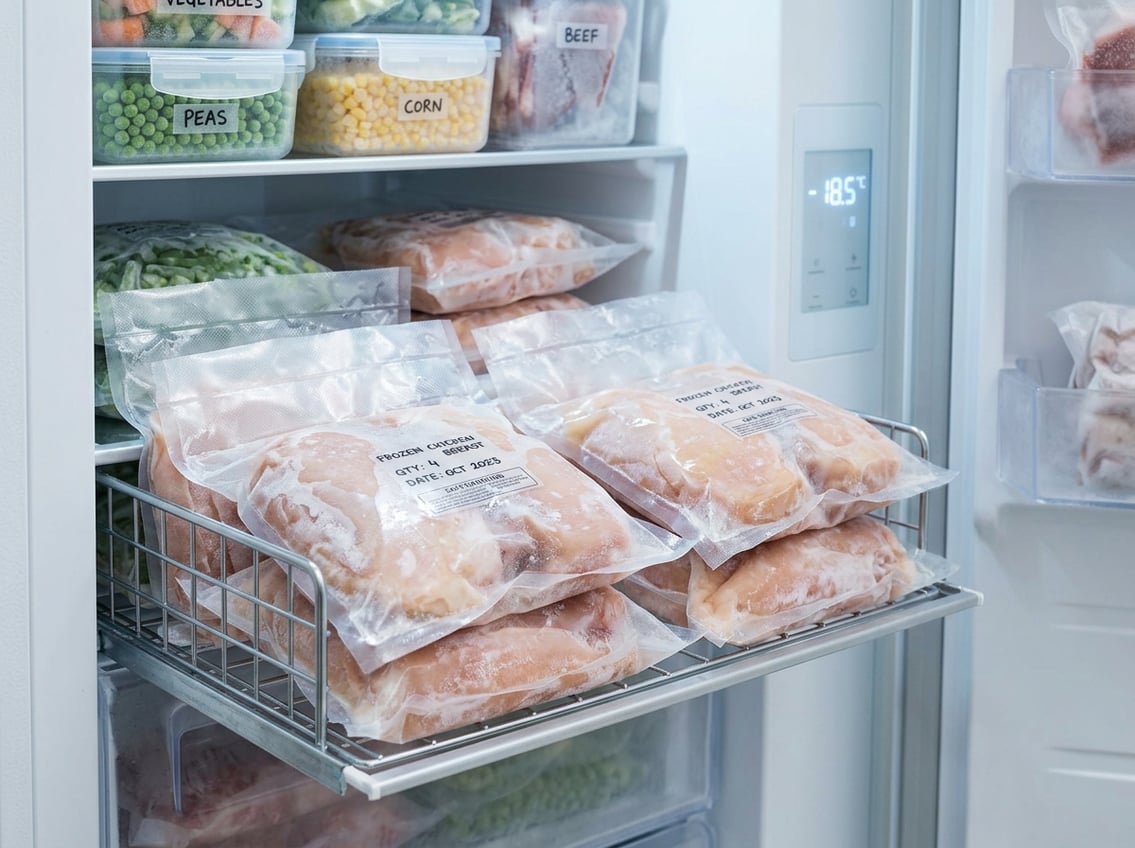 Open freezer shelf with neatly arranged vacuum-sealed frozen chicken breasts and a digital temperature display in the background.