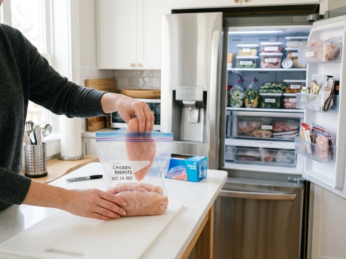 Hands placing raw chicken breasts into a freezer bag in a kitchen with an open freezer drawer in the background.