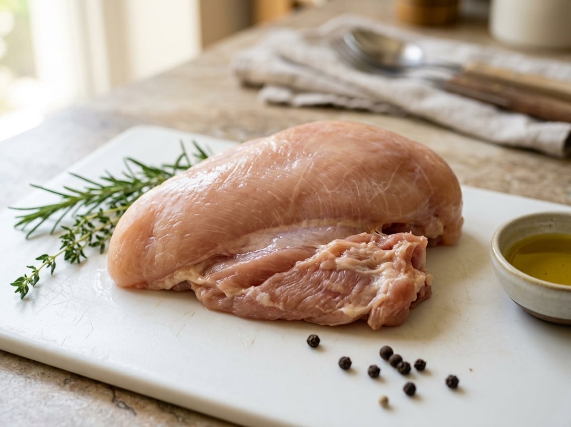 Close-up of a raw chicken breast with rib meat attached on a cutting board surrounded by fresh herbs and spices.