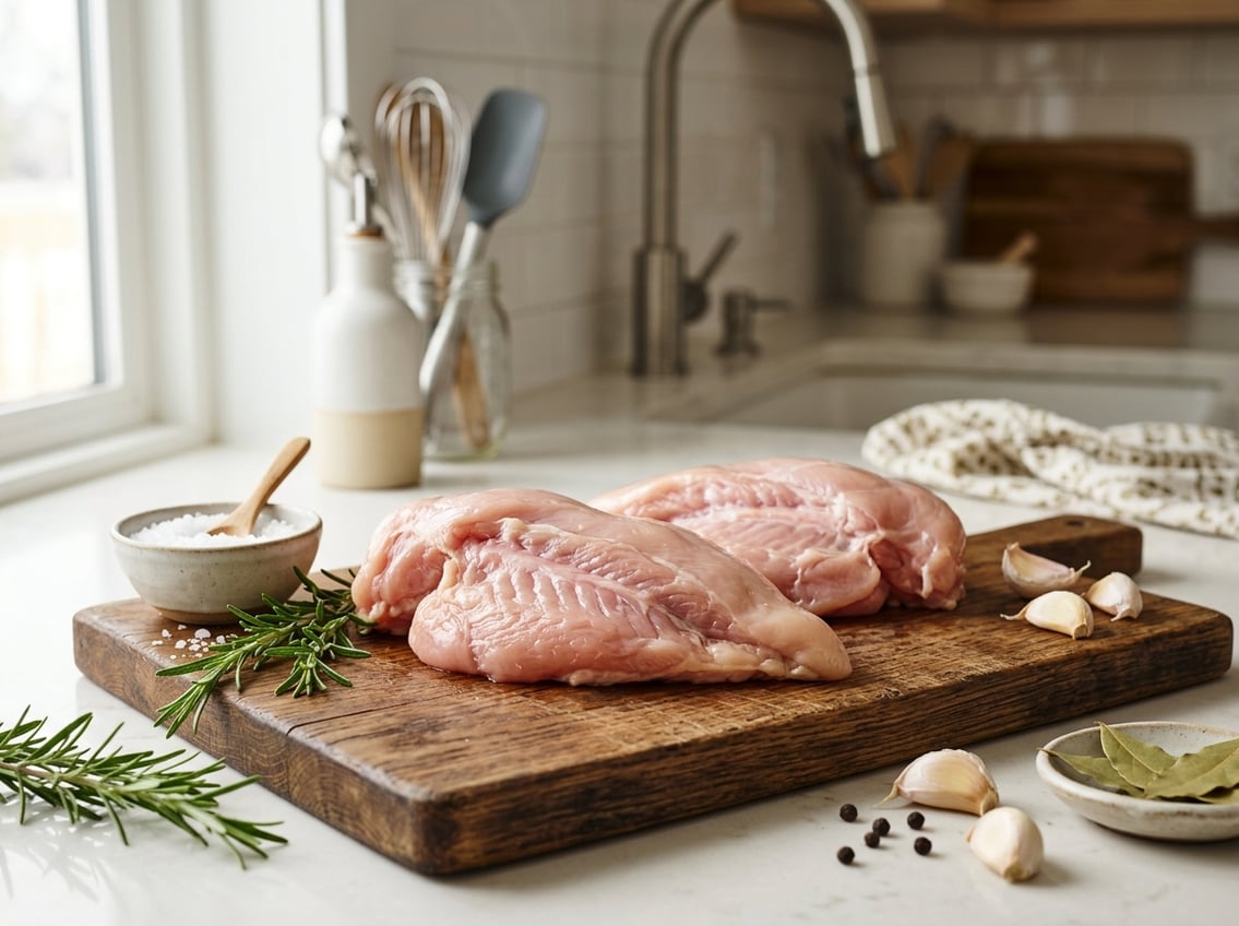Close-up of raw chicken breasts with rib meat on a wooden cutting board surrounded by fresh herbs and garlic in a kitchen.
