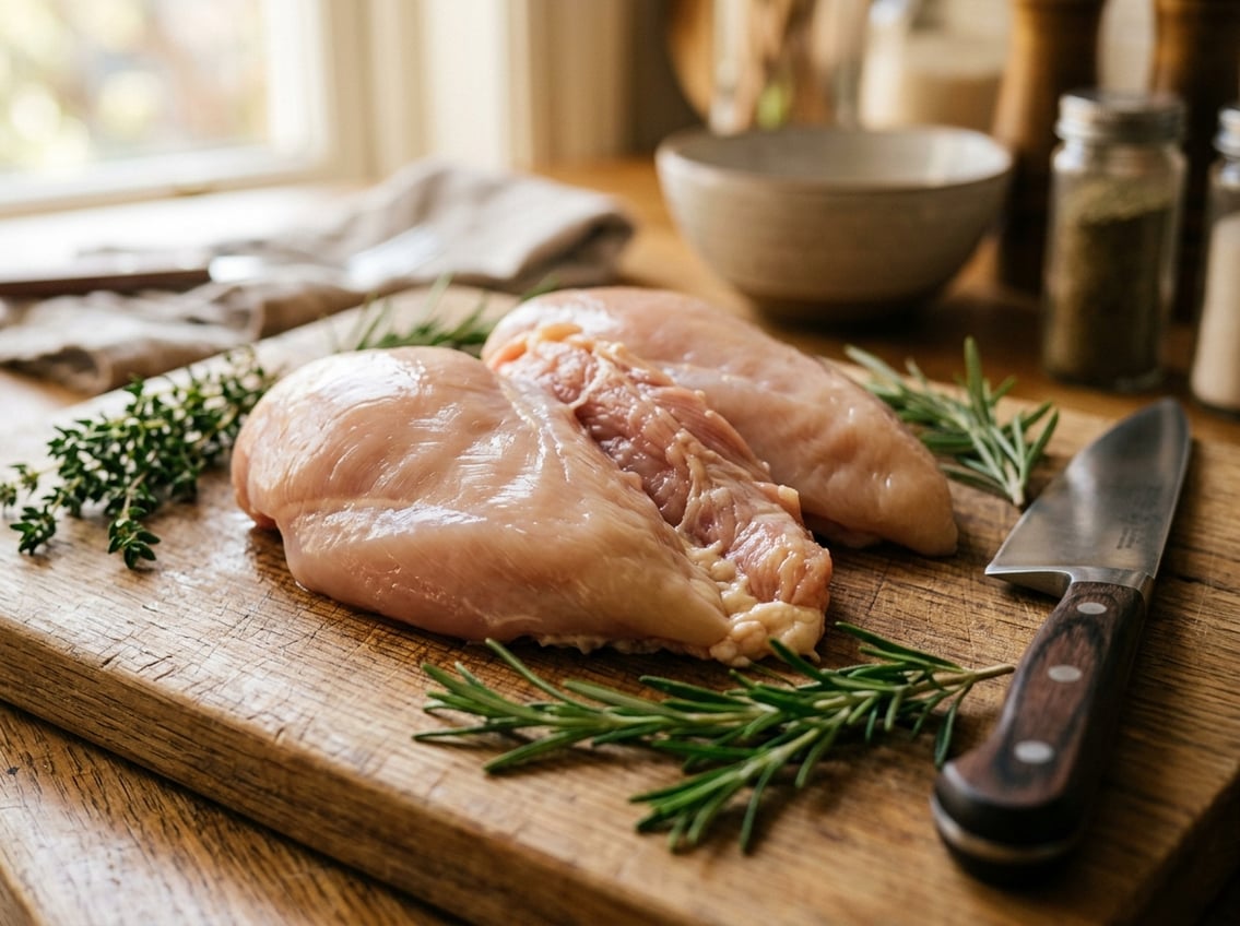 Close-up of raw chicken breasts with visible rib meat on a wooden cutting board surrounded by fresh herbs and a chef's knife in a kitchen setting.