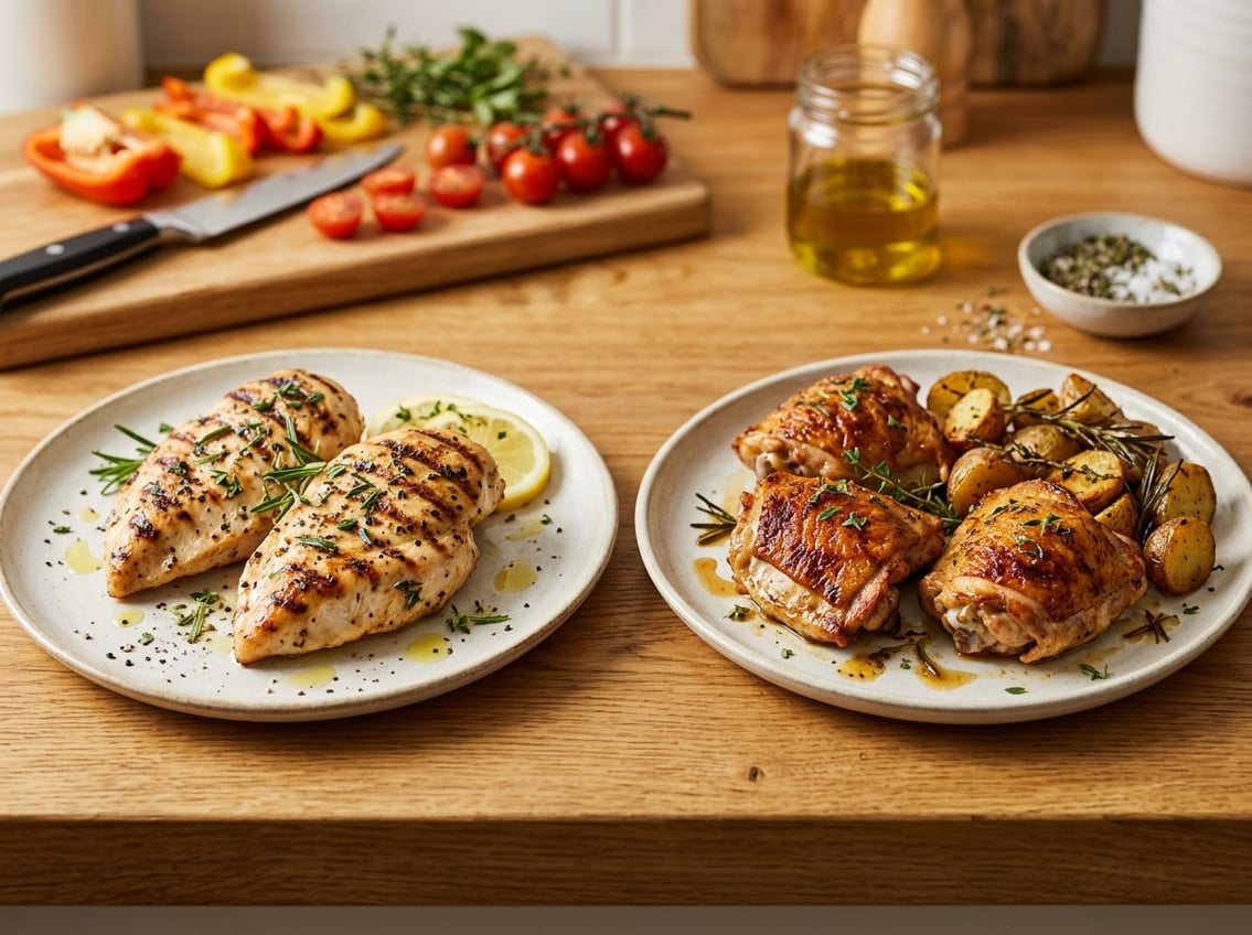 Two plates on a kitchen countertop, one with grilled chicken breasts and the other with roasted chicken thighs, both garnished with fresh herbs.
