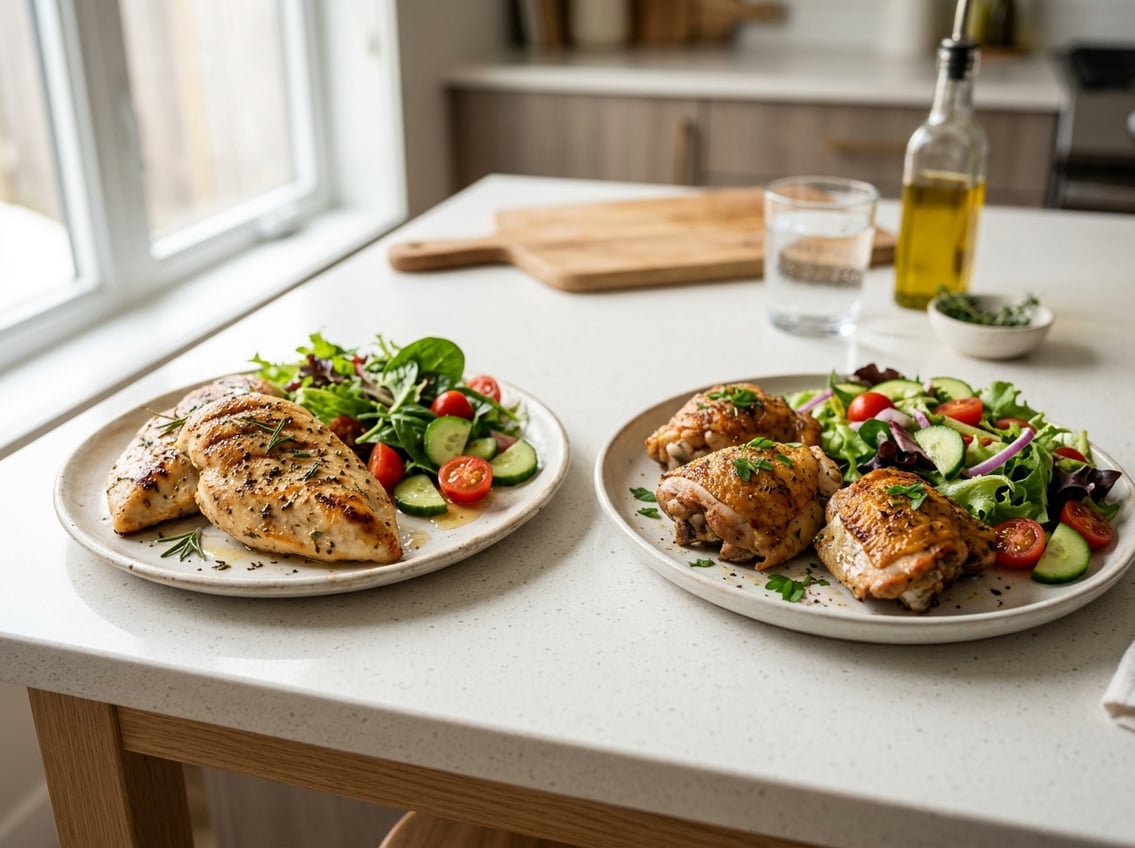 Two plates on a kitchen countertop, one with grilled chicken breasts and the other with cooked chicken thighs, surrounded by fresh vegetables.