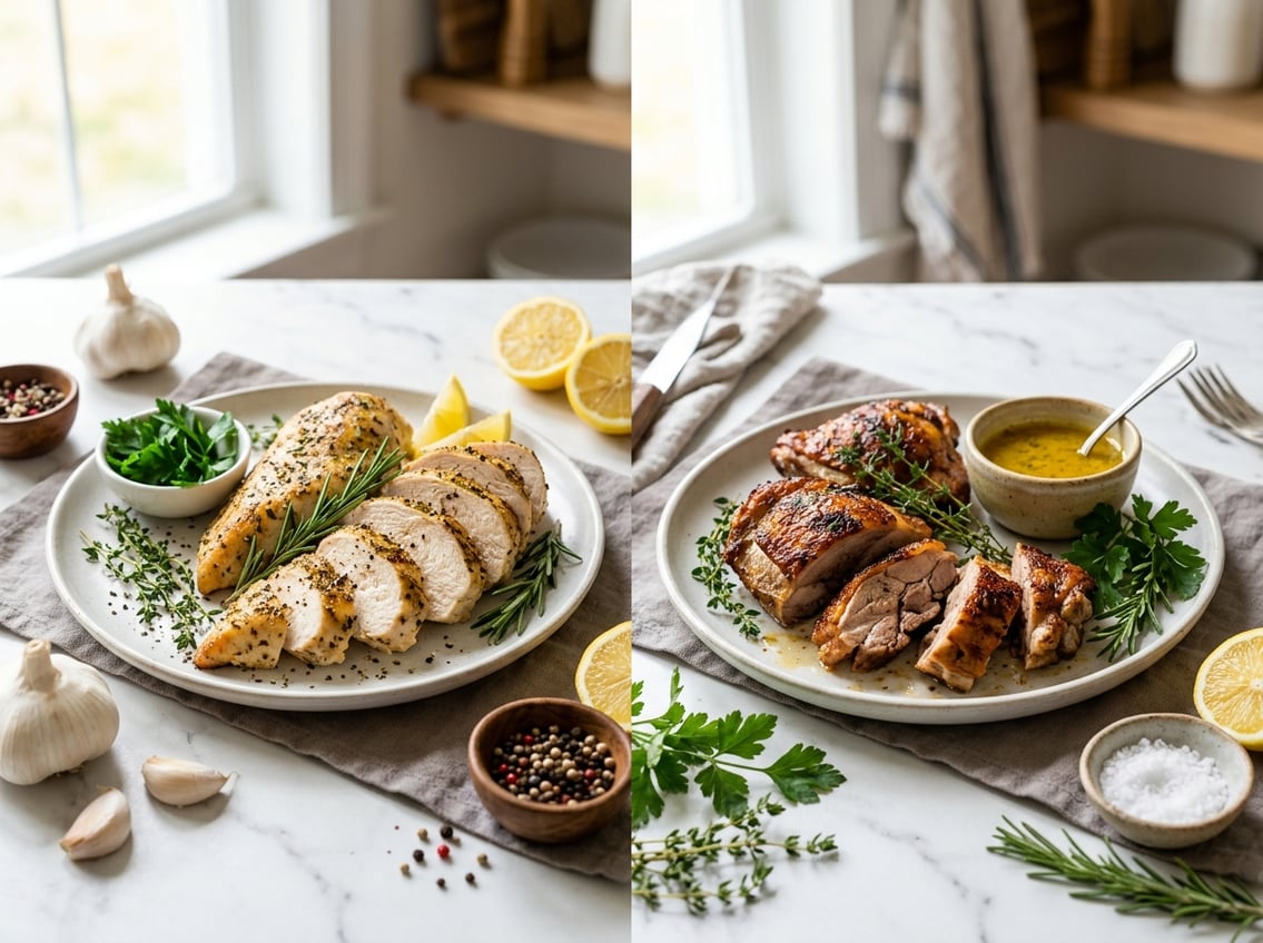 Two plates on a kitchen countertop, one with sliced chicken breasts and the other with sliced chicken thighs, surrounded by fresh herbs and ingredients.