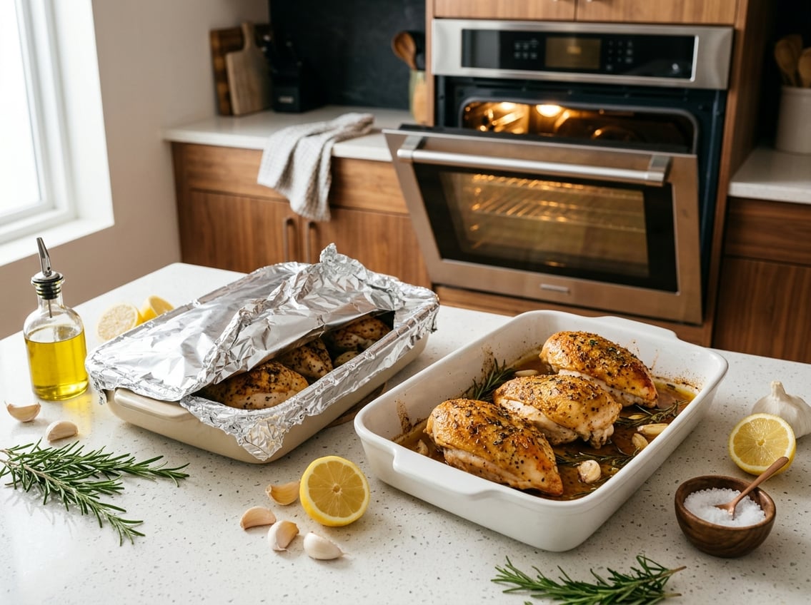 Two baking dishes with cooked chicken breasts, one covered with foil and one uncovered, on a kitchen countertop with fresh herbs and lemon slices nearby.
