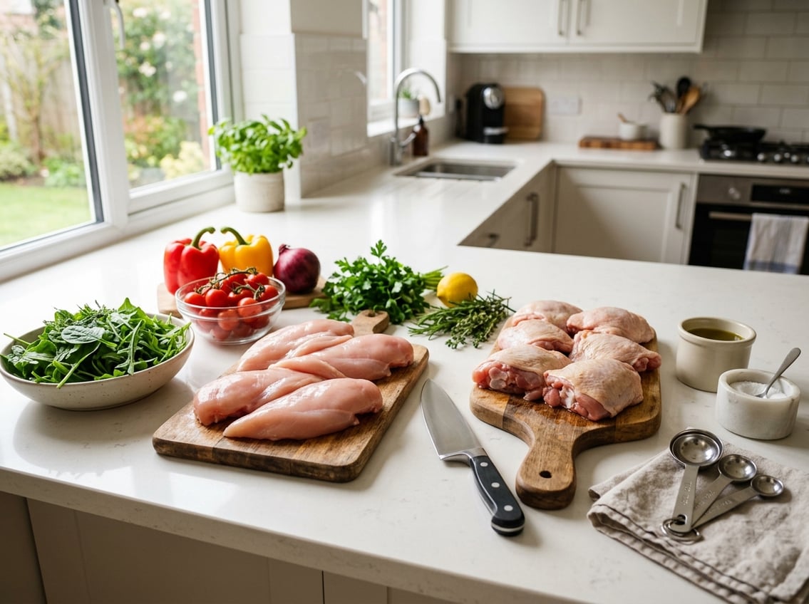 Fresh raw chicken breast and chicken thighs placed on cutting boards with fresh vegetables and kitchen utensils on a countertop in a kitchen.