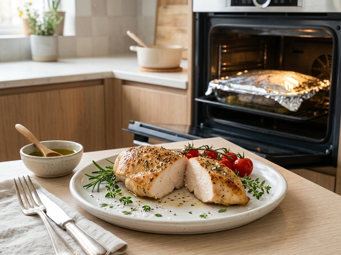 A juicy cooked chicken breast on a white plate with fresh herbs nearby and a foil-covered baking dish inside an open oven in a kitchen.