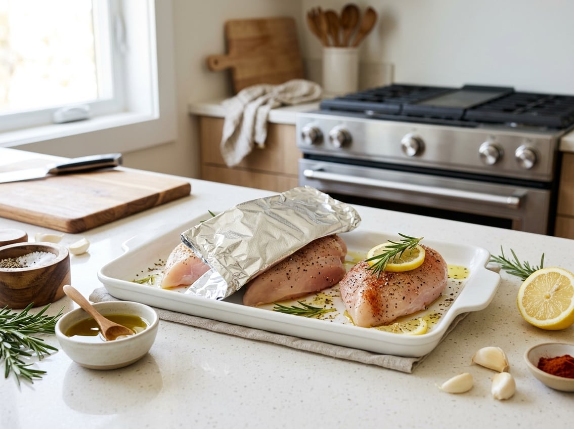 Raw chicken breasts on a baking dish in a kitchen, with one covered in foil and fresh herbs and lemon slices nearby.