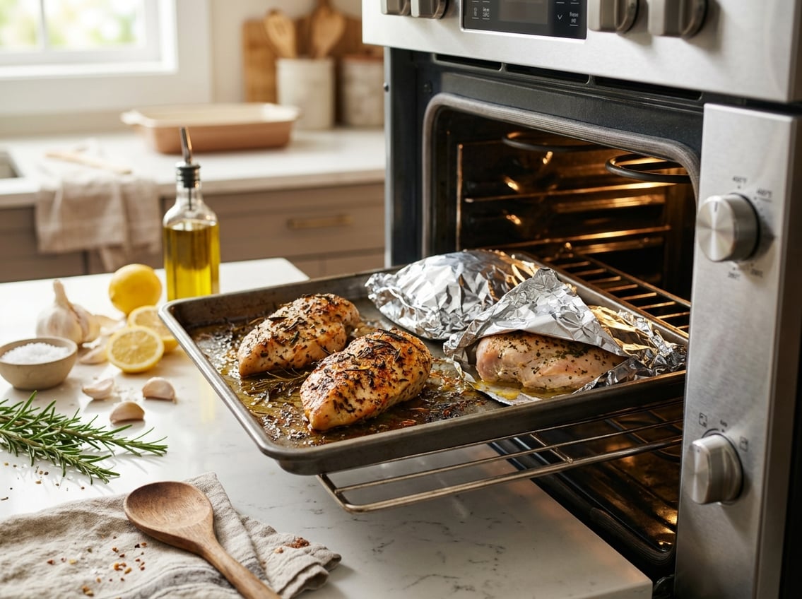 Close-up of chicken breasts baking in an oven, some covered with foil and others uncovered, with fresh herbs and ingredients on the kitchen countertop nearby.