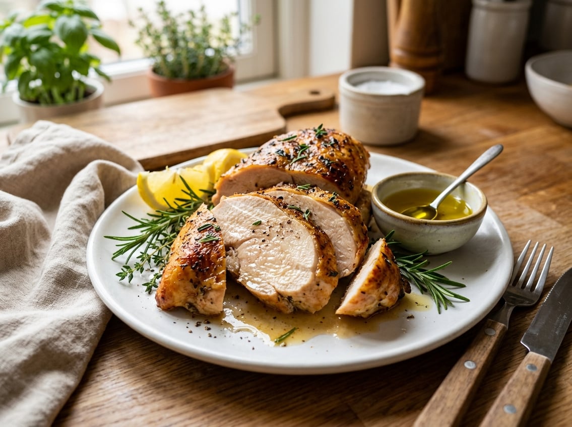 A sliced, juicy chicken breast on a white plate with fresh herbs, lemon wedge, and olive oil on a kitchen counter.