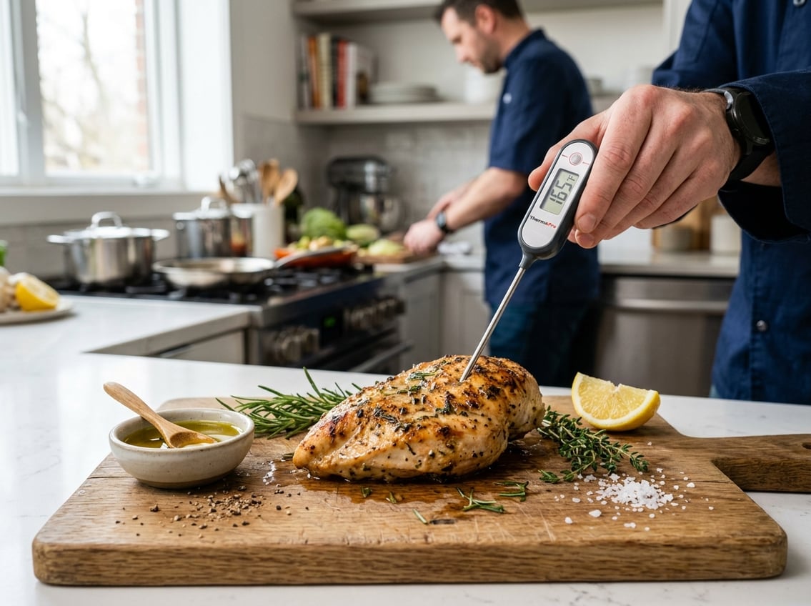 Close-up of a cooked chicken breast on a cutting board with herbs and a lemon wedge, while a hand checks its temperature with a meat thermometer.