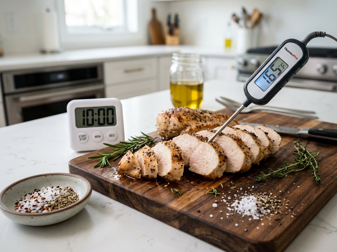 Sliced cooked chicken breast on a cutting board with a meat thermometer and timer nearby in a kitchen setting.