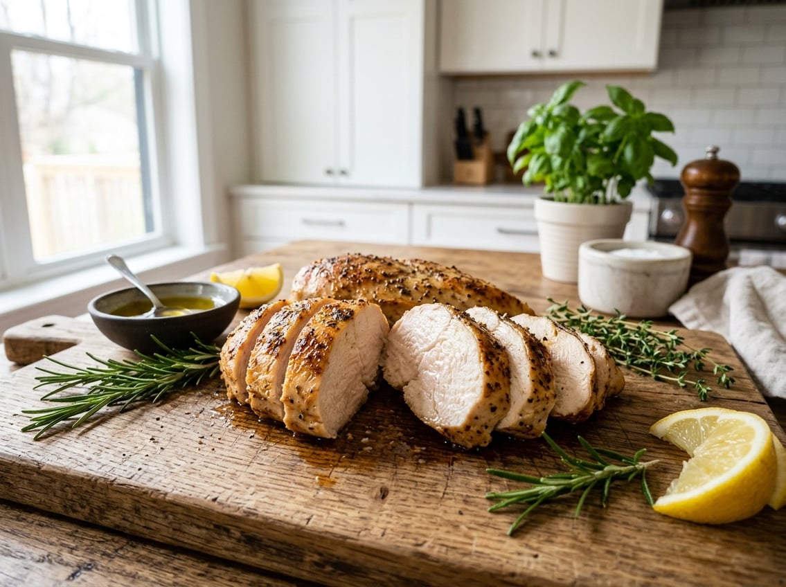 Sliced juicy chicken breast on a wooden cutting board with fresh herbs, lemon wedge, and olive oil in a bright kitchen.