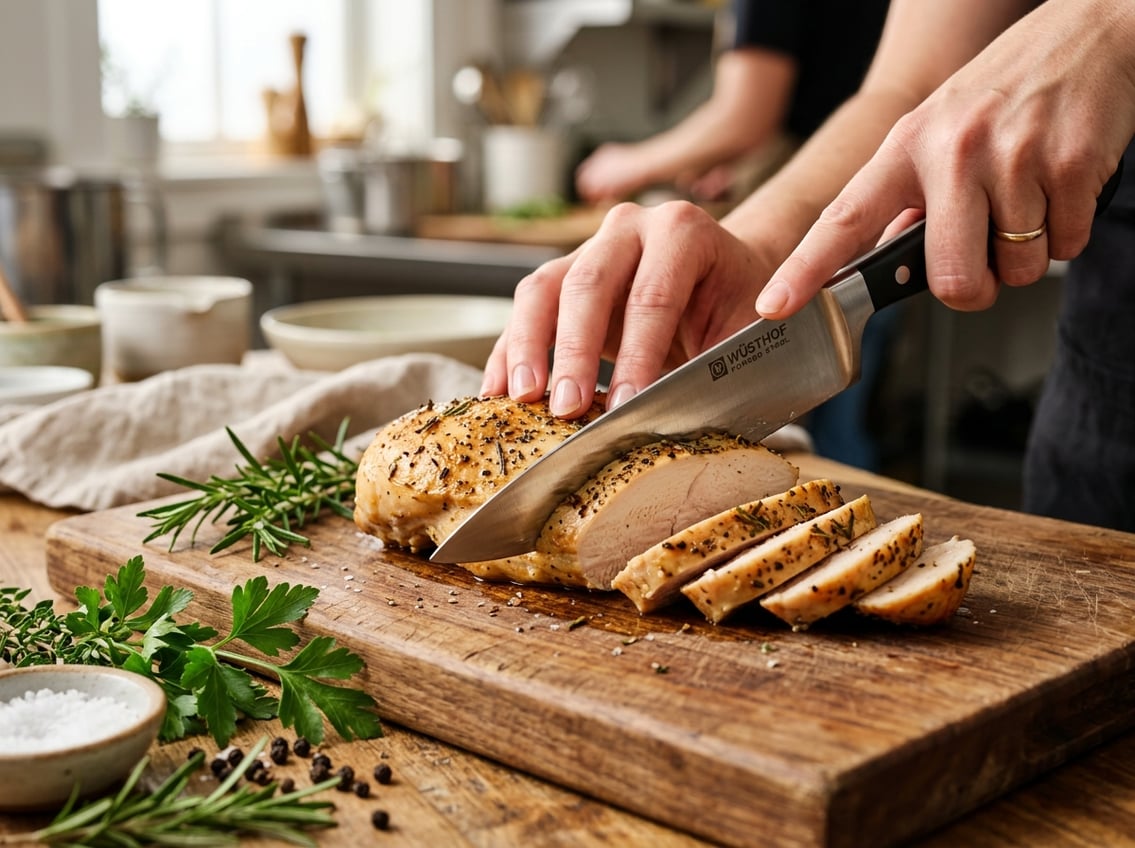 Hands slicing a cooked chicken breast against the grain on a wooden cutting board with fresh herbs nearby.