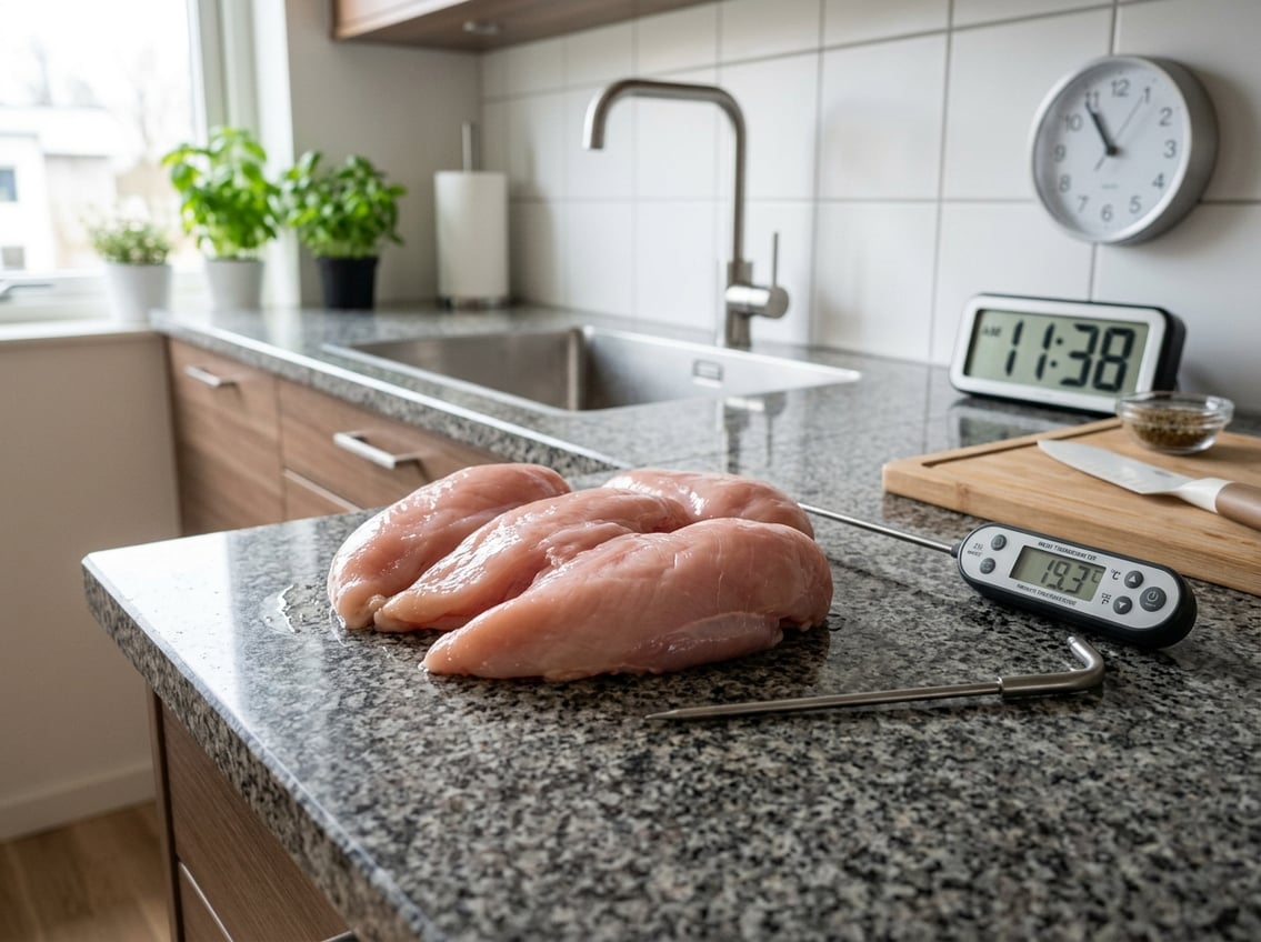 Raw chicken breasts placed directly on a kitchen countertop at room temperature with a food thermometer and clock nearby.