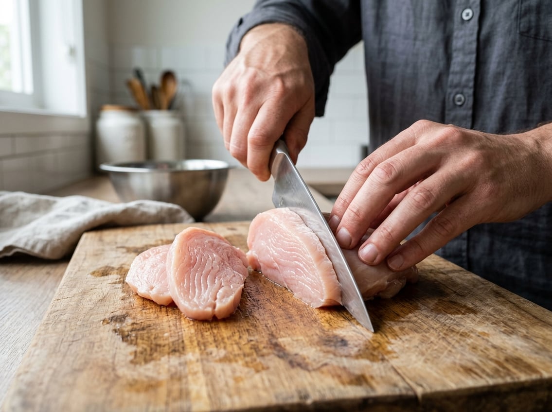 Close-up of hands slicing a raw chicken breast against the grain on a wooden cutting board in a kitchen.