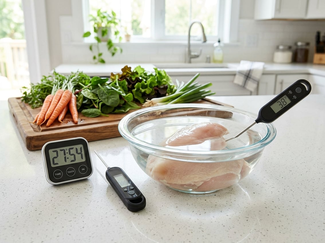 A raw chicken breast thawing in a glass bowl of cold water on a kitchen countertop with a timer and thermometer nearby.