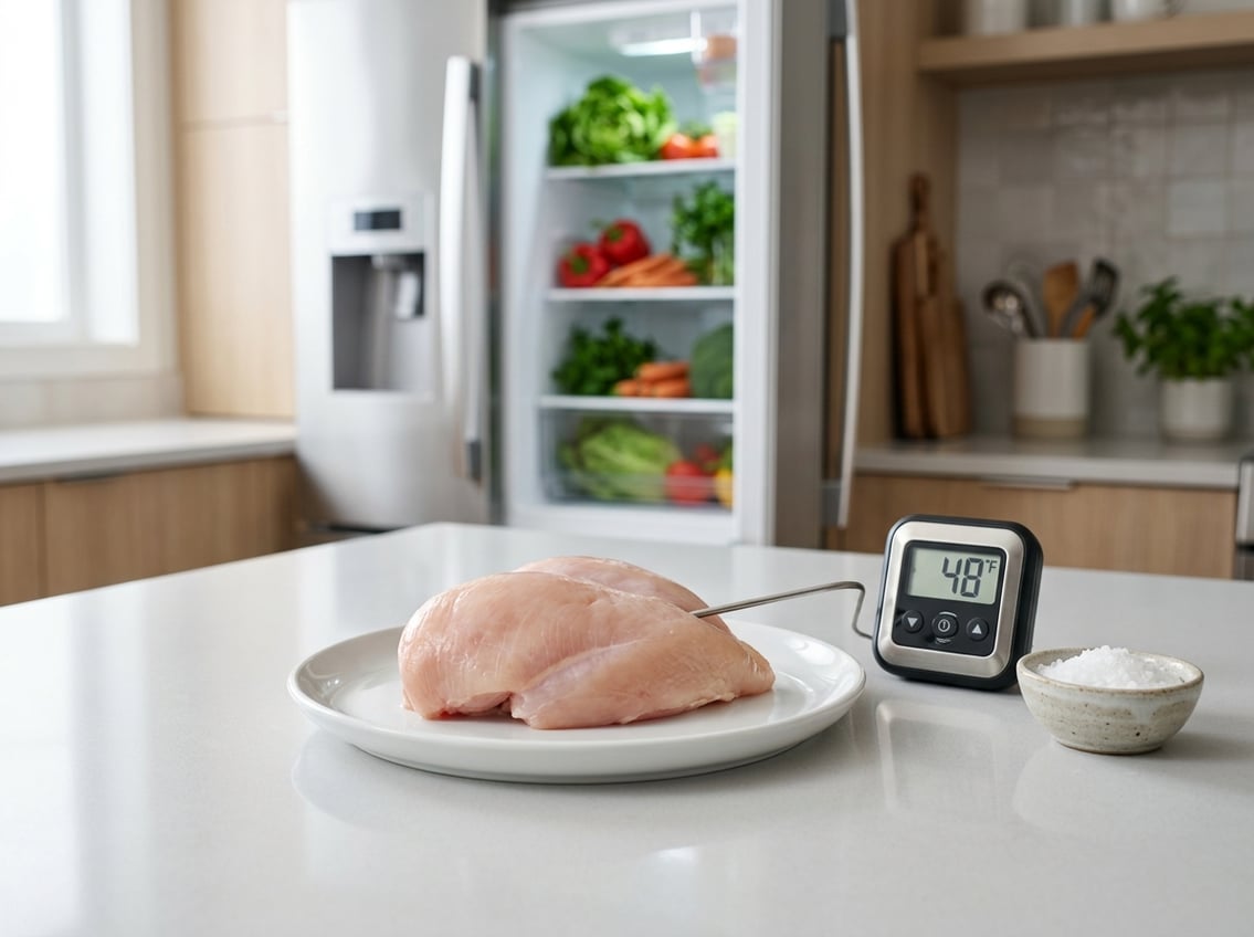 A raw chicken breast on a white plate on a kitchen countertop next to a digital thermometer and a bowl of salt, with an open refrigerator in the background.