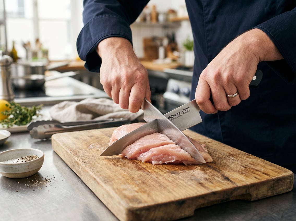 Close-up of hands slicing a raw chicken breast on a wooden cutting board in a kitchen.