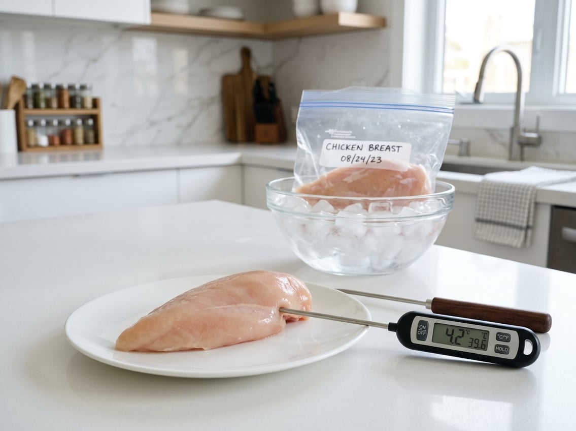 Raw chicken breast on a plate with a digital thermometer on a kitchen countertop, alongside a bowl of ice and a sealed plastic bag with chicken, illustrating safe food handling.