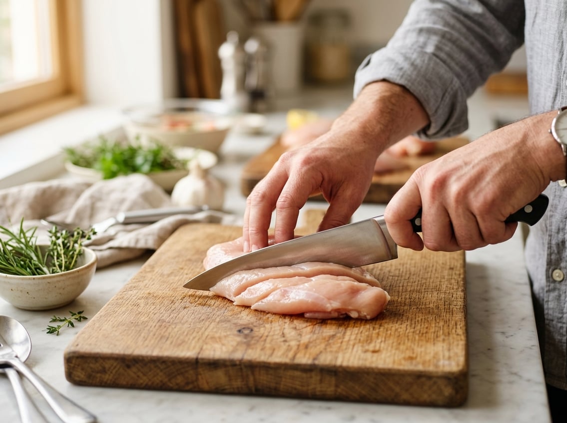 Close-up of hands slicing a raw chicken breast on a wooden cutting board in a kitchen.