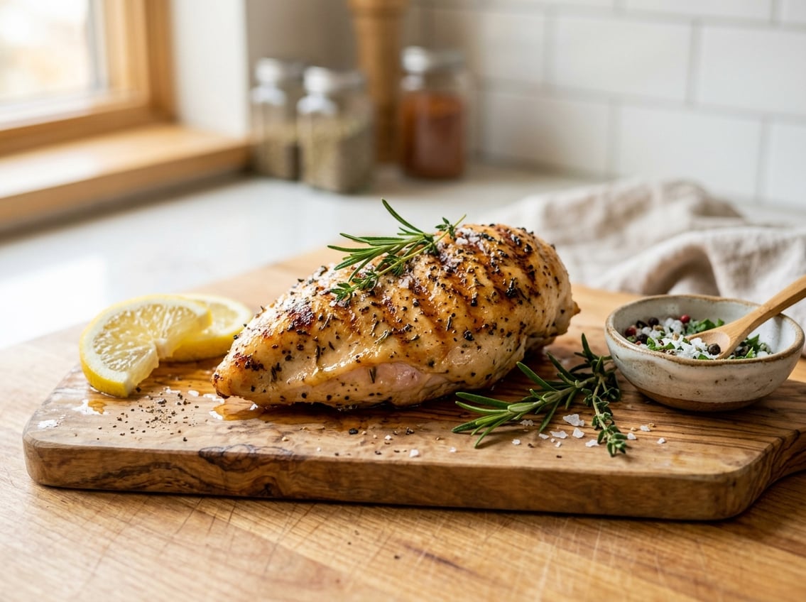 A cooked chicken breast on a wooden cutting board with fresh herbs and lemon slices in a kitchen setting.