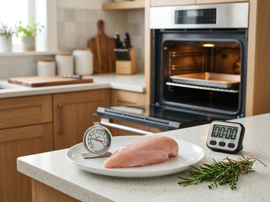 Raw chicken breast on a plate next to an oven thermometer and a digital timer in a modern kitchen with an open oven in the background.