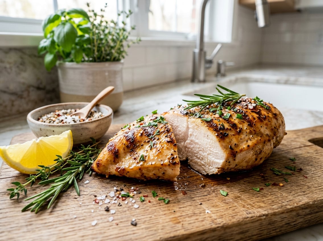 A cooked chicken breast on a wooden cutting board with herbs and a lemon wedge in a kitchen setting.